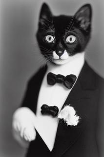 a black and white medium format 85mm portrait photograph of a kitten in a tuxedo on his way to a funeral, high quality photo, highly detailed, edward weston, agfa isopan iso 25, pepper no. 35 -s75 -b1 -W512 -H768 -C10.0 -S2120799206